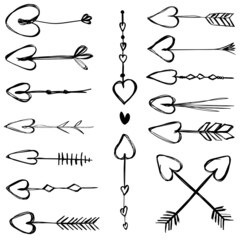 Set of carelessly hand-drawn hearts arrows in doodle style.