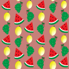 fruit pattern lemon grapes watermelon pink background