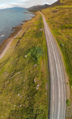 Iceland Fjord, aerial view, verical panorama in summer season.