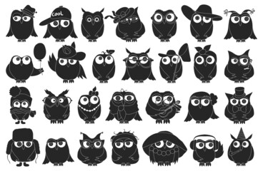 Owl vector black set icon. Isolated black set icon funny bird. Vector illustration owl on white background.