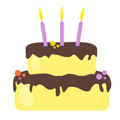 Vector illustration of a cake with purple candles and sweet dragees. Isolated