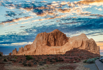 Park Avenue rock formations at Arches National Park, Utah. Canyon panoramic view at sunset.