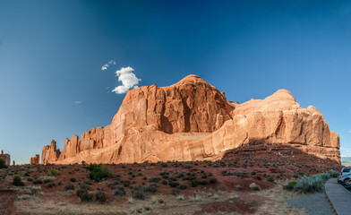 Park Avenue rock formations at Arches National Park, Utah. Canyon panoramic view at sunset.