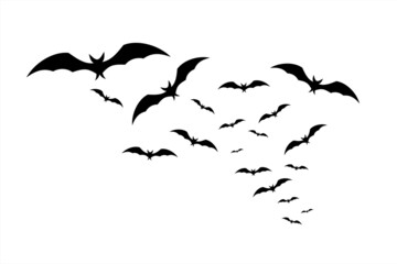 Happy Halloween. Bats fly in the sky. A flock of bats flying on a white background  - obrazy, fototapety, plakaty