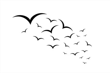 Birds fly in the clouds. A flock of birds flying on a white background 