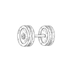 Dumbbell for weight training and workout in hand drawn sketch style, vector illustration isolated on white background.