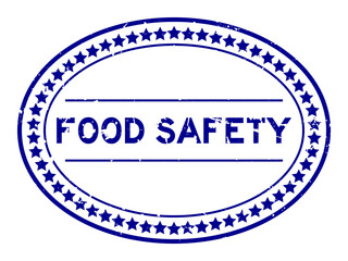 Grunge blue food safety word oval rubber seal stamp on white background