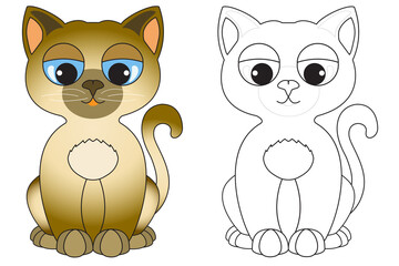 Illustration for children with Siamese cat in color and black and white copy to color