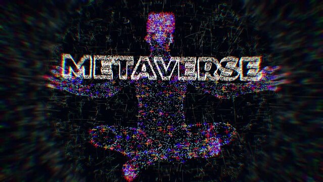 Metaverse universe. Man wearing augmented reality glasses for future technology.
