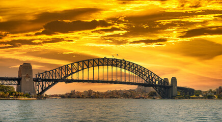 Panoramic sunset view of Sydney Harbour Bridge, Australia.