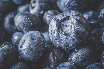 Fresh ripe blueberries with droplets . Berry background. Macro photo
