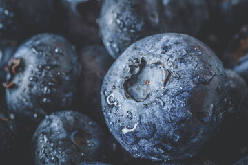 Fresh ripe blueberries with droplets . Berry background. Macro photo