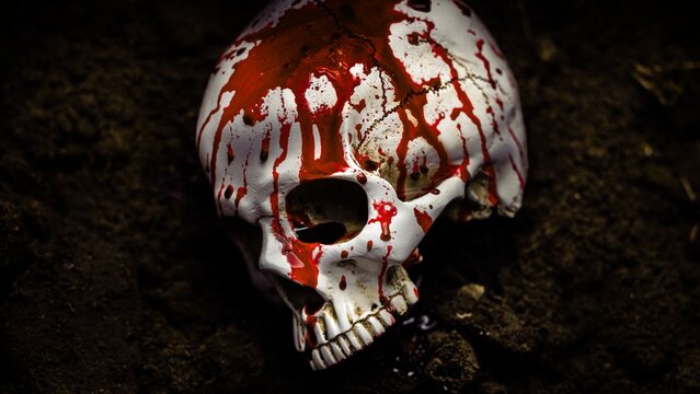 Dead human skull in the soil closeup