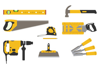 construction tools vector elements. Repair worker tools vector illustration set. Cartoon yellow hand instrument equipment for work on construction home renovation, saw ruler screwdriver hammer trowel