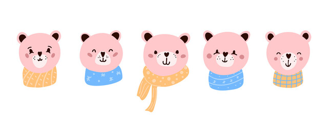 Set of cute teddy bears portraits in winter warm mufflers. Bundle of happy pink plush faces. Flat vector illustration isolated on white backgrond