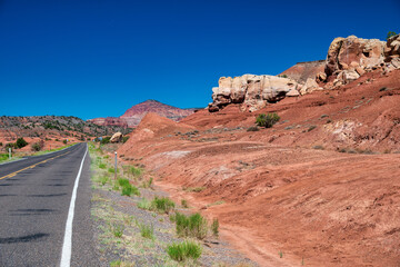 Capitol Reef National Park, Utah. Red rocks under a blue summer sky.