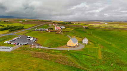 Aerial view of Glaumbaer, Iceland. Glaumbaer, in the Skagafjordur district in North Iceland, is a museum featuring a renovated turf farm and timber buildings.