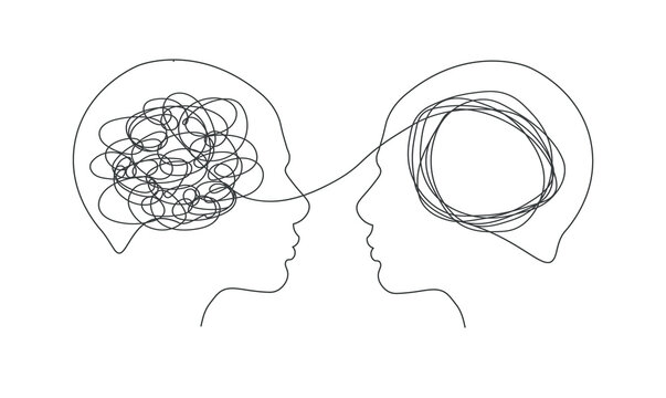 Psychotherapy concept. Abstract metaphor of problem solving or difficult situation. Tangle tangled and unraveled in people head. Simplification streamlining process. Vector illustration isolated.	