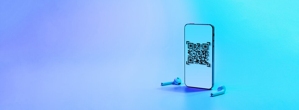 Qr code scanning. Mobile smartphone screen for payment, online pay, scan barcode with qr code scanner on digital smart phone on neon background. Online shopping, cashless society technology concept.