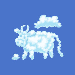 Fluffy cloud in form funny cute cow flying on blue sky a vector illustration.