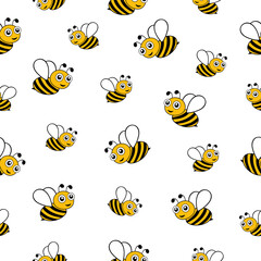 Cute flying bees seamless pattern. Black and yellow bees isolated on white background.
