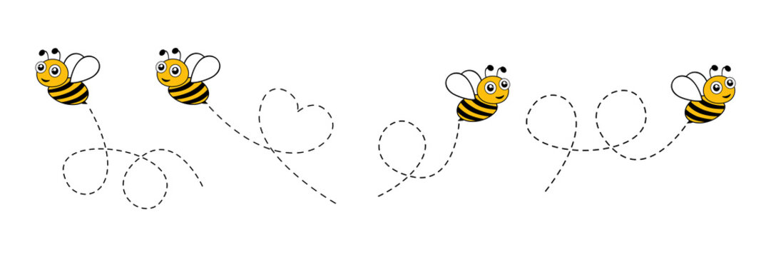 Cute bees characters set. Bee flying on a dotted route isolated on the white background. Vector illustration.