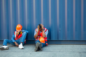 Engineering black People unemployed stress sitting on floor in front fo factory. Fired Unemployed Feeling Stressed. Engineer container yard.