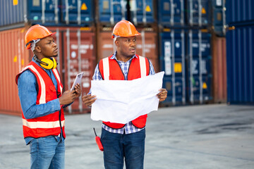 portrait of african american male worker wearing protective hard hat helmet working on plue print ducument at container yard. African American Industrial and factory Specialist.