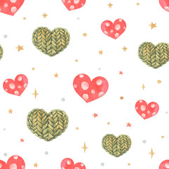 Watercolor seamless pattern with knitted hearts and red hearts with white spots. Cute symbols of love painted watercolor. Isolated on a white background.