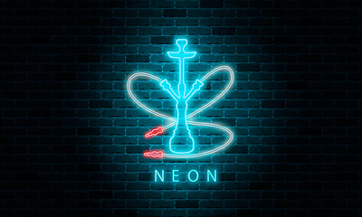Neon hookah icon, night hookah sign on a brick wall background, vector illustration