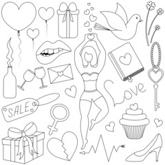 Valentine day. Sketch. Set of vector illustrations. Doodle style. Love collection. Coloring book for children. Woman, gesture, gift box, arrow, heart, clink of glasses. A group of cute images. 