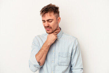 Young caucasian man isolated on white background blink at the camera through fingers, embarrassed covering face.