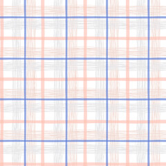 Blue and Pink Gingham plaid vector seamless pattern. Geometric abstract background. Scandinavian decorative style checkered surface design.