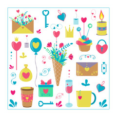 A set of elements for postcards posters posters on the theme of love