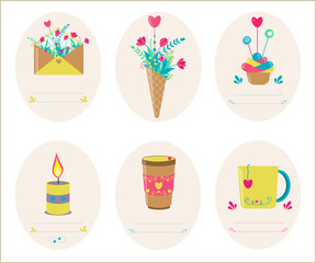 Template of a delicate postcard label gift card with flowers mugs
