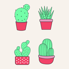 Cactus in Pot Cute Illustration Vector Set 