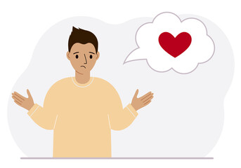 Sad man thinks about love. In the balloon of thought is a red heart. Vector