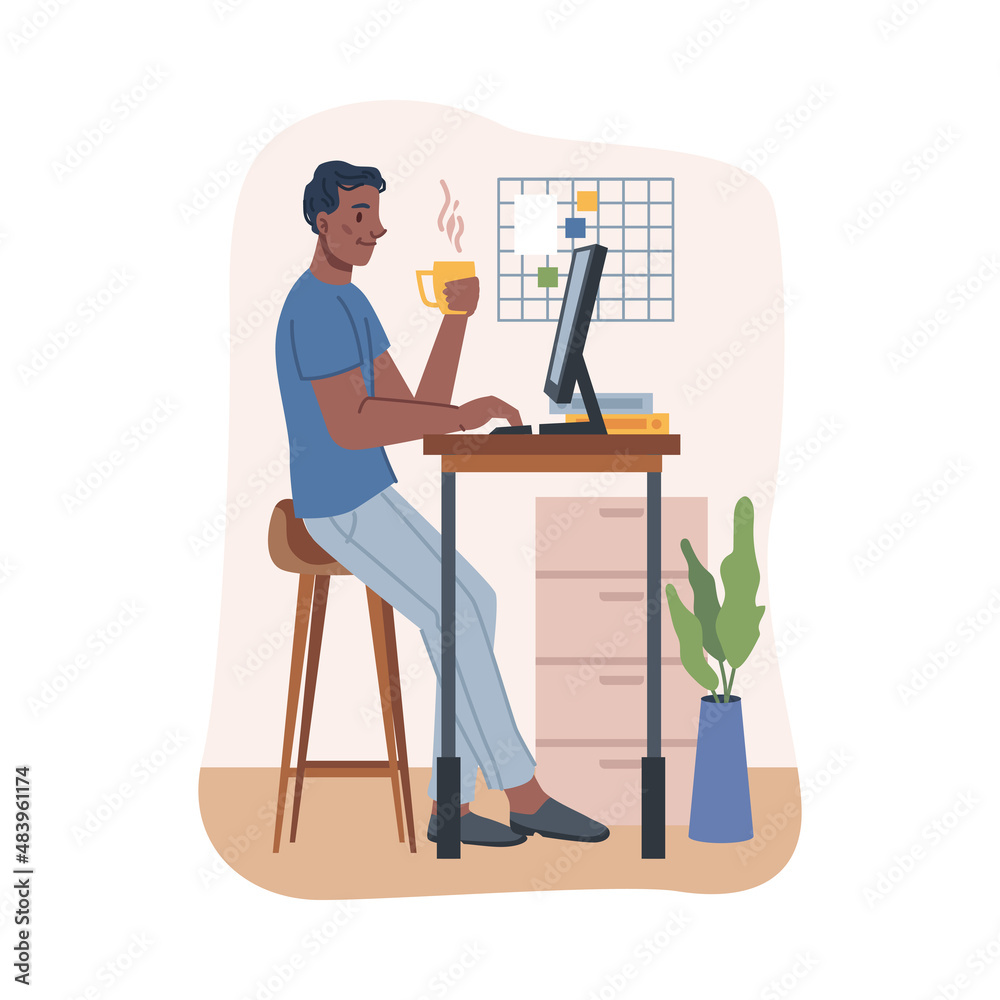 Poster furniture for office or home workspace, comfortable desk for computer. vector table for spine health