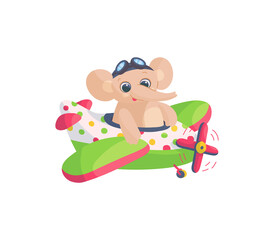 Cheerful childish elephant flying in airplane or helicopter, flat vector illustration isolated on white background.