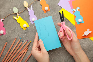 DIY and kid's creativity. How to make paper greeting cards with a bunny, cut out blanks from...