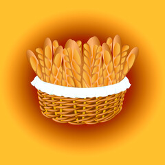 Baking basket. Fresh baguette, kitchen lunch products in a basket  illustration