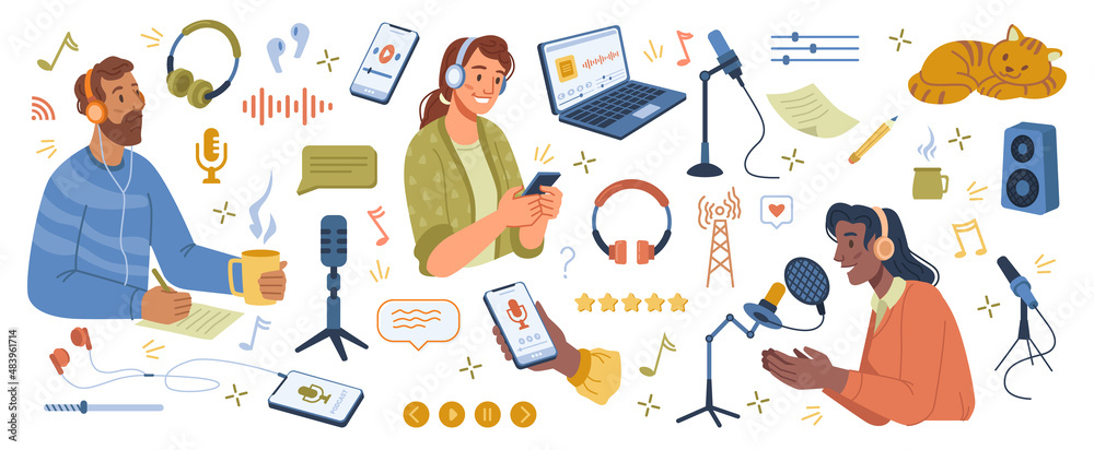 Poster Radio studio, producing podcasts for listeners, isolated hosts with microphones and users listening with headphones. Vector application for lessons, online connection and high speed. Flat cartoon set