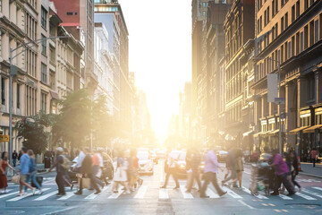 Diverse crowds of people walking across a busy intersection on 5th Avenue in Manhattan, New York City with sunlight background