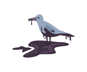Problem of water and environmental pollution, oil leakage and spill. Vector bird in sticky chemical liquid, inability to fly. Seagull fauna of nature, contaminated wildlife and ecosystem flat cartoon - obrazy, fototapety, plakaty