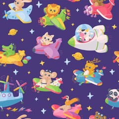 Seamless pattern with cute animals flying on planes, flat vector illustration.