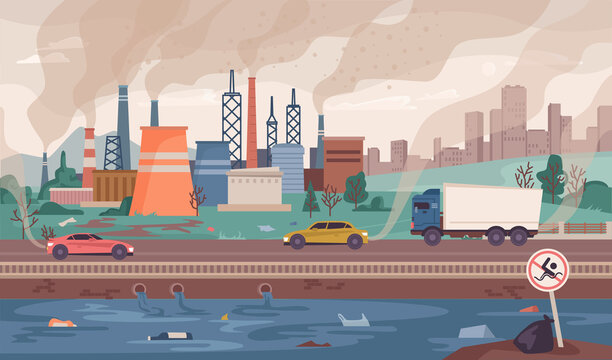 Dirty and polluted city, unhealthy and harmful environment. Vector scene of downtown in smog with factories and smoke from pipes. Water waste and sign no swimming. Global warming flat cartoon