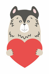 Cute cartoon dog puppy wolf husky animal holds a heart sign with copy space. set valentine's day greeting card banner invitation flyer brochure. cartoon hand drawn style. Little animals pets in love