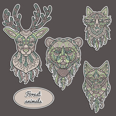 A set of stickers with forest animals in ethnic style with abstract patterns