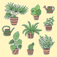 A set of stickers with indoor potted plants