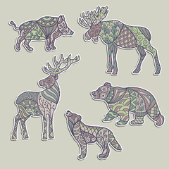 A set of stickers with abstract forest animals